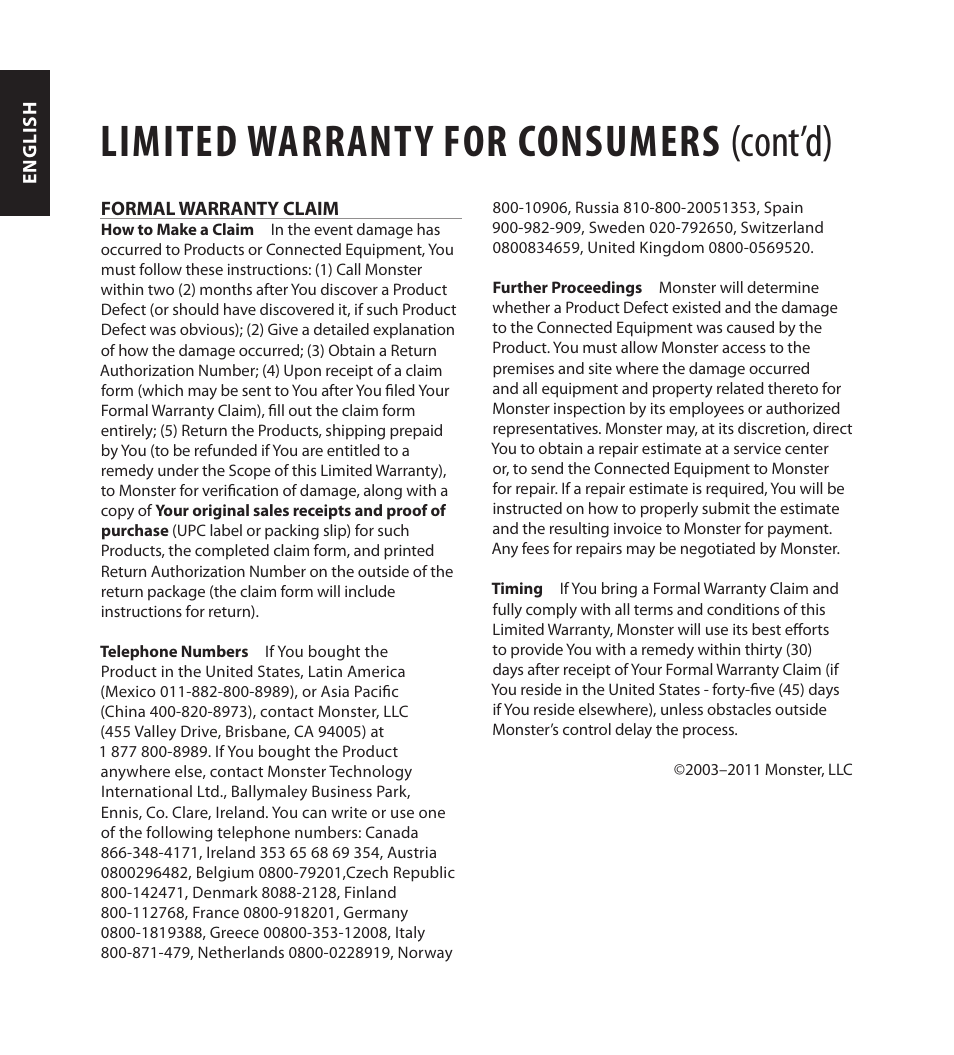 Limited warranty for consumers (cont’d) | Monster FlatScreen SuperThin In-Wall PowerCenter 200 User Manual | Page 28 / 84