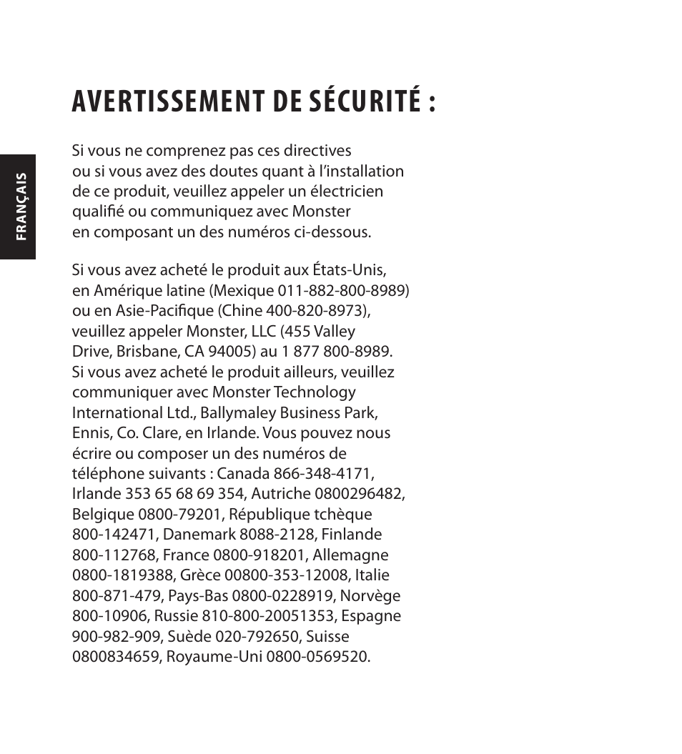 Avertissement de sécurité | Monster FlatScreen SuperThin In-Wall PowerCenter 200 User Manual | Page 34 / 84