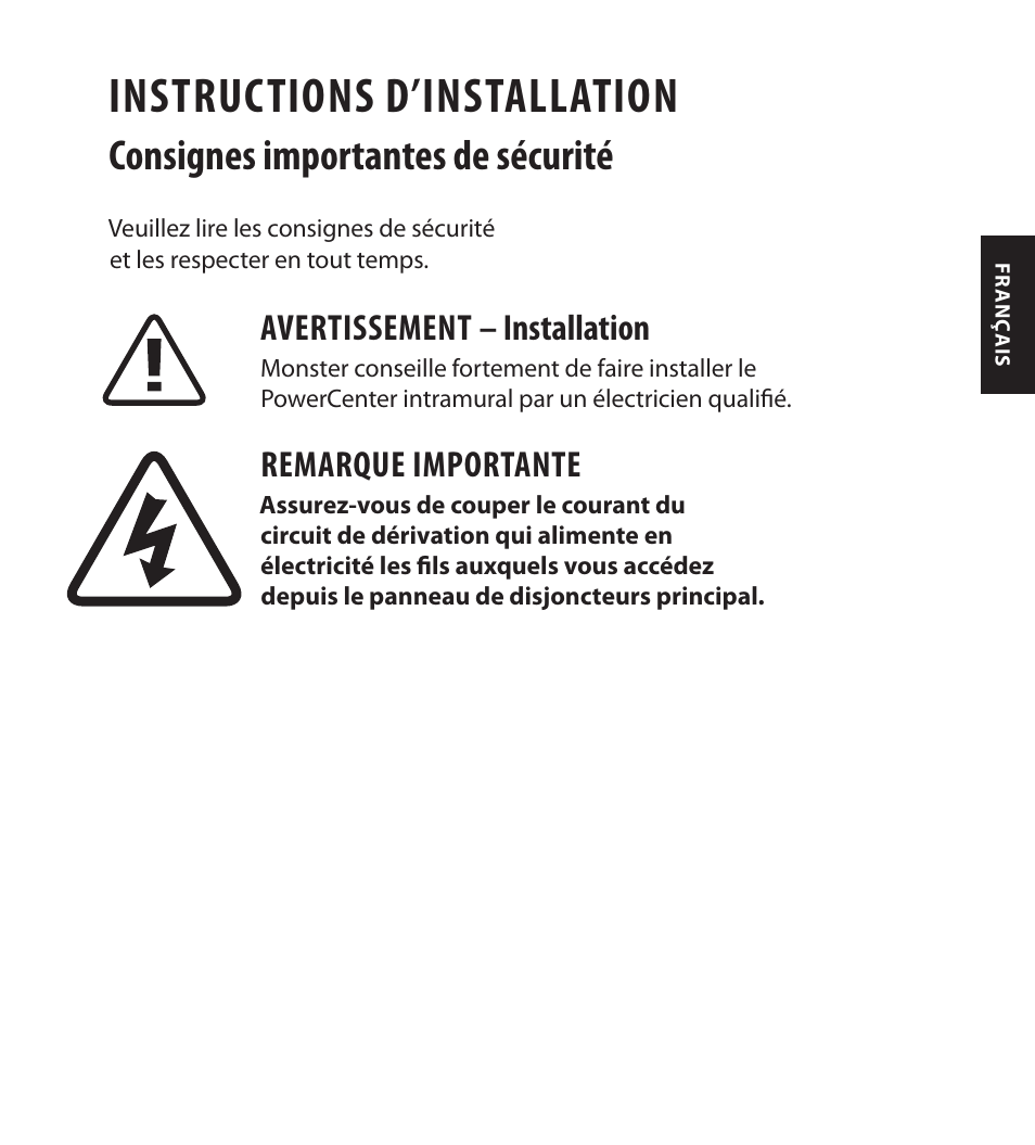 Instructions d’installation, Consignes importantes de sécurité, Avertissement – installation | Remarque importante | Monster FlatScreen SuperThin In-Wall PowerCenter 200 User Manual | Page 37 / 84