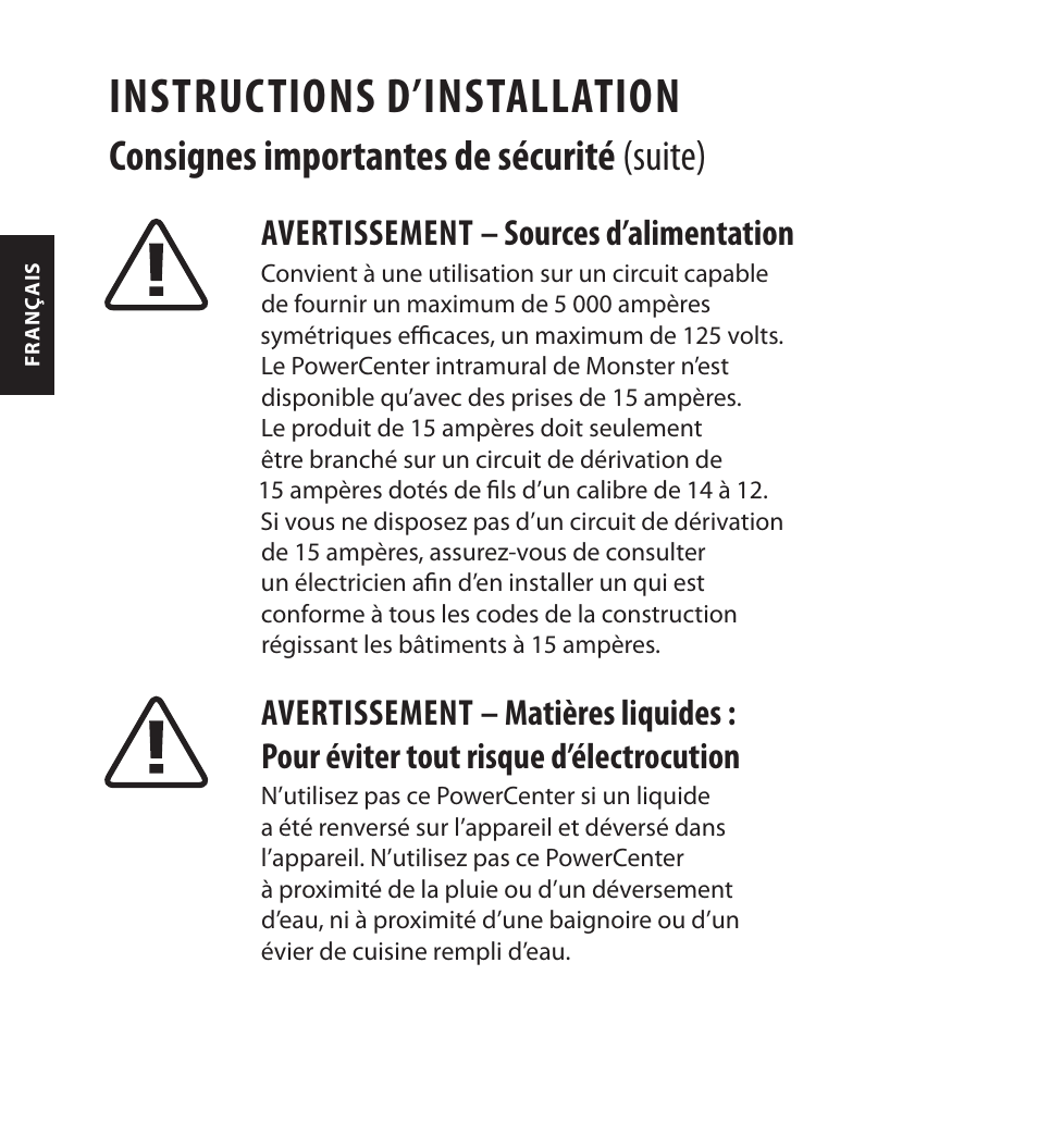 Instructions d’installation, Consignes importantes de sécurité (suite), Avertissement – sources d’alimentation | Monster FlatScreen SuperThin In-Wall PowerCenter 200 User Manual | Page 38 / 84