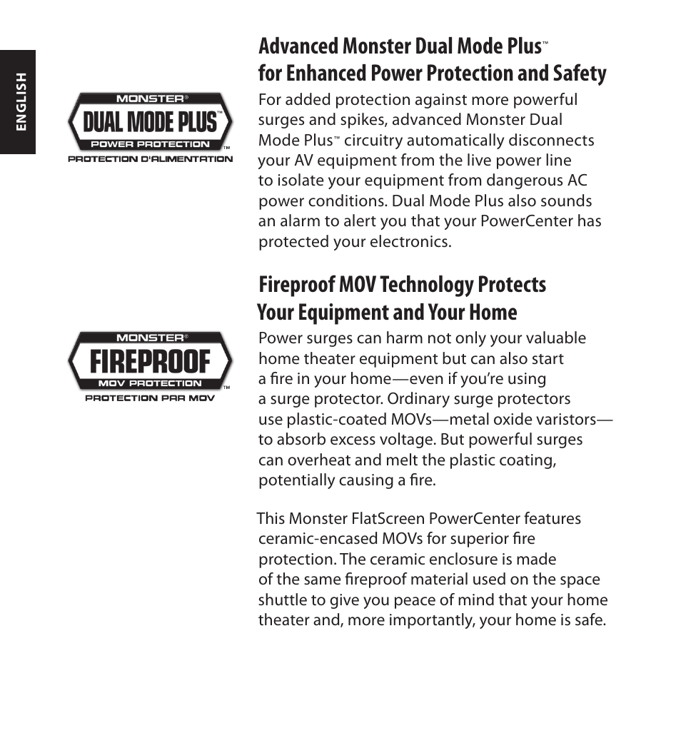 Advanced monster dual mode plus, For enhanced power protection and safety | Monster FlatScreen SuperThin In-Wall PowerCenter 200 User Manual | Page 4 / 84