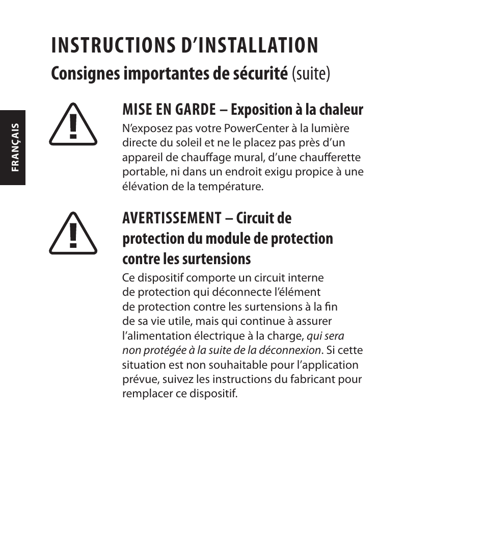 Instructions d’installation, Consignes importantes de sécurité (suite), Mise en garde – exposition à la chaleur | Monster FlatScreen SuperThin In-Wall PowerCenter 200 User Manual | Page 40 / 84