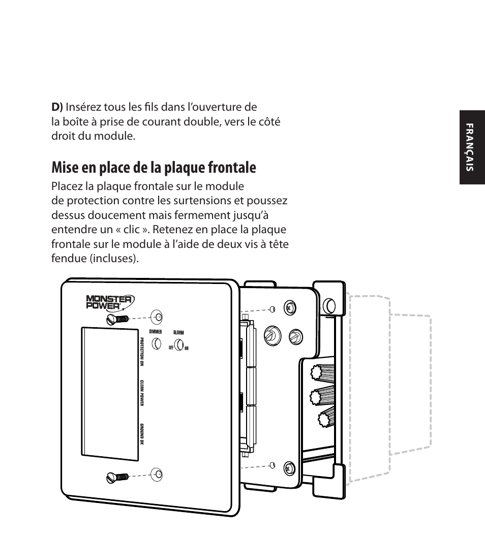 Mise en place de la plaque frontale | Monster FlatScreen SuperThin In-Wall PowerCenter 200 User Manual | Page 49 / 84