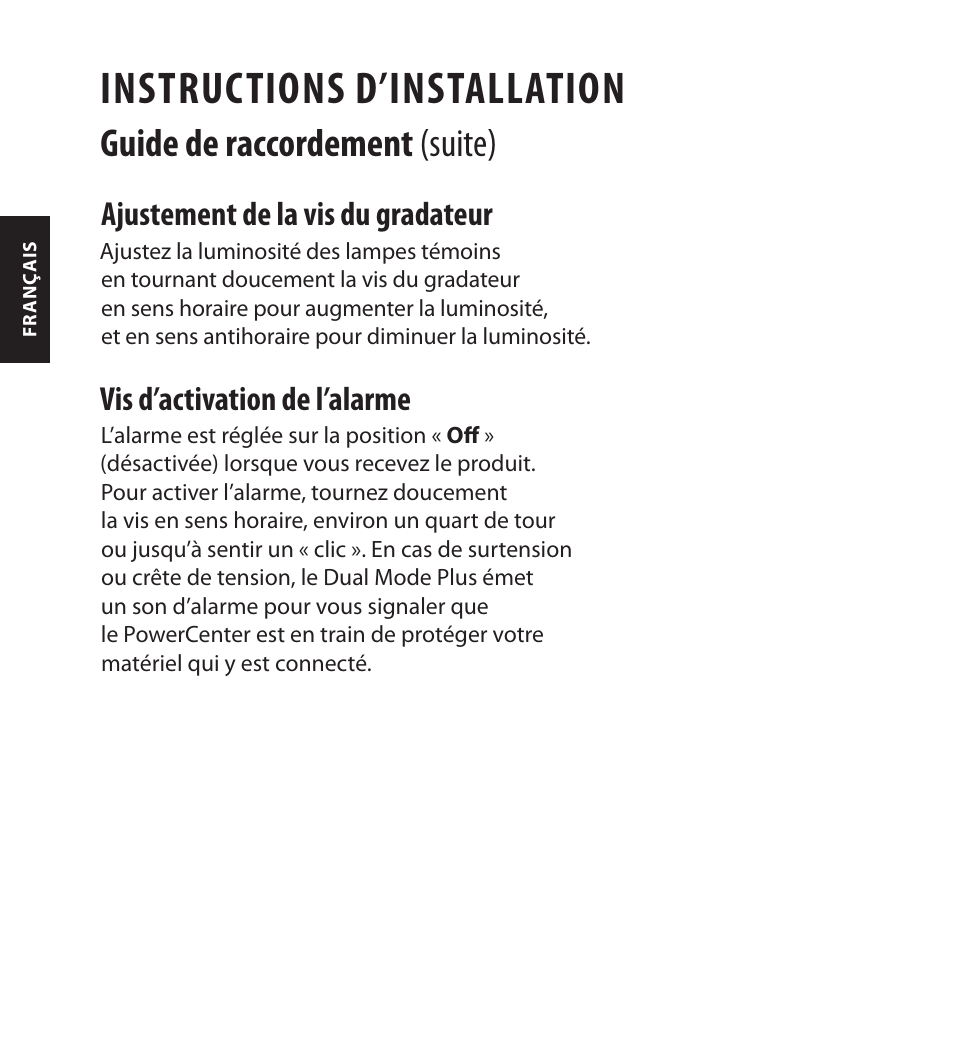 Instructions d’installation, Guide de raccordement (suite), Ajustement de la vis du gradateur | Vis d’activation de l’alarme | Monster FlatScreen SuperThin In-Wall PowerCenter 200 User Manual | Page 50 / 84