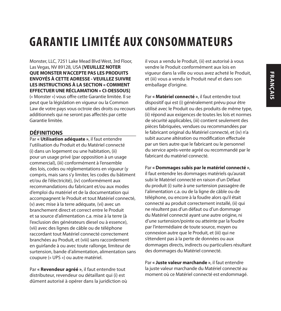 Garantie limitée aux consommateurs | Monster FlatScreen SuperThin In-Wall PowerCenter 200 User Manual | Page 51 / 84