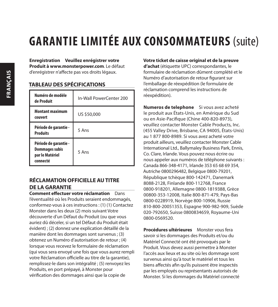 Garantie limitée aux consommateurs (suite) | Monster FlatScreen SuperThin In-Wall PowerCenter 200 User Manual | Page 54 / 84