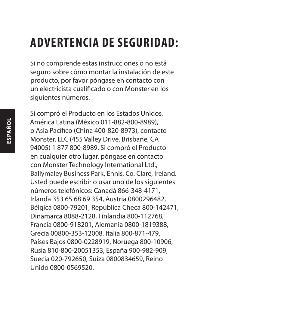 Advertencia de seguridad | Monster FlatScreen SuperThin In-Wall PowerCenter 200 User Manual | Page 62 / 84