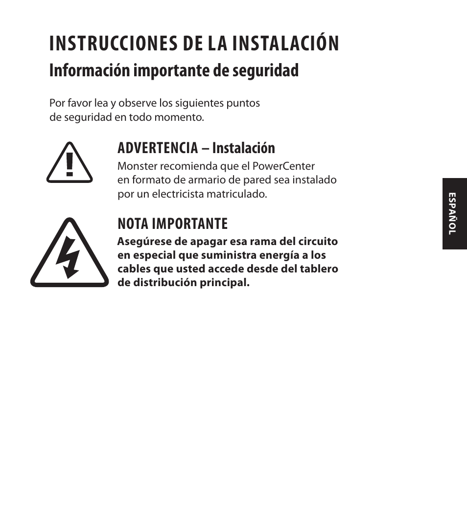 Instrucciones de la instalación, Información importante de seguridad, Advertencia – instalación | Nota importante | Monster FlatScreen SuperThin In-Wall PowerCenter 200 User Manual | Page 65 / 84