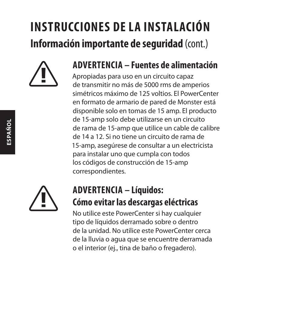 Instrucciones de la instalación, Información importante de seguridad (cont.), Advertencia – fuentes de alimentación | Monster FlatScreen SuperThin In-Wall PowerCenter 200 User Manual | Page 66 / 84