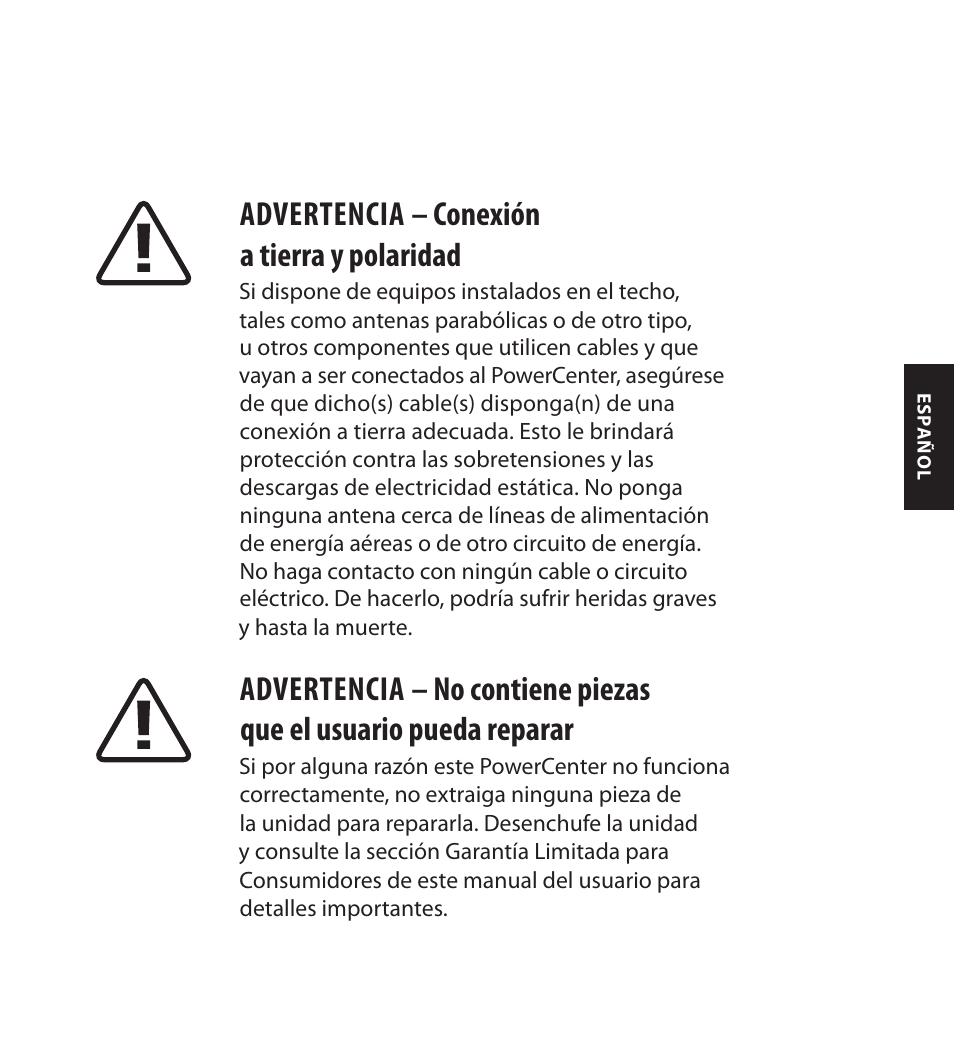 Advertencia – conexión a tierra y polaridad | Monster FlatScreen SuperThin In-Wall PowerCenter 200 User Manual | Page 67 / 84