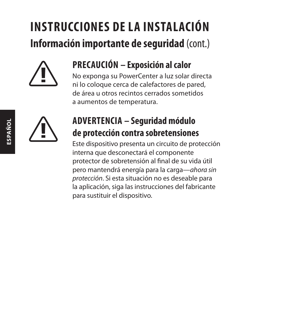 Instrucciones de la instalación, Información importante de seguridad (cont.), Precaución – exposición al calor | Monster FlatScreen SuperThin In-Wall PowerCenter 200 User Manual | Page 68 / 84