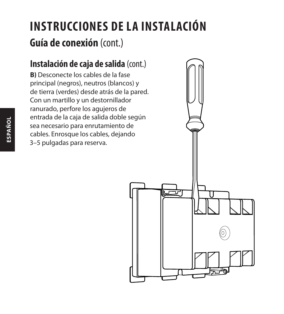 Instrucciones de la instalación, Guía de conexión (cont.), Instalación de caja de salida (cont.) | Monster FlatScreen SuperThin In-Wall PowerCenter 200 User Manual | Page 72 / 84