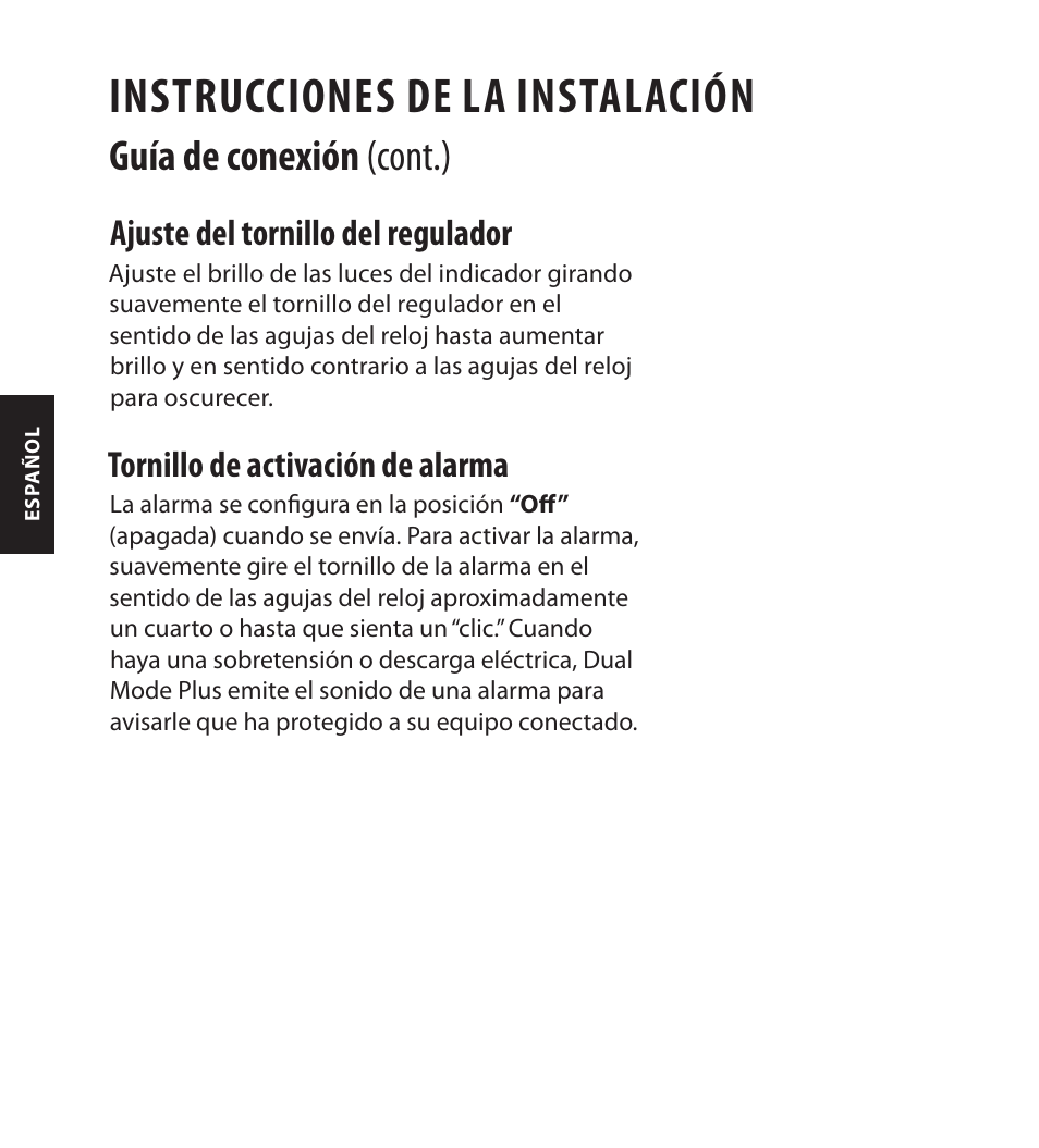 Instrucciones de la instalación, Guía de conexión (cont.), Ajuste del tornillo del regulador | Tornillo de activación de alarma | Monster FlatScreen SuperThin In-Wall PowerCenter 200 User Manual | Page 78 / 84