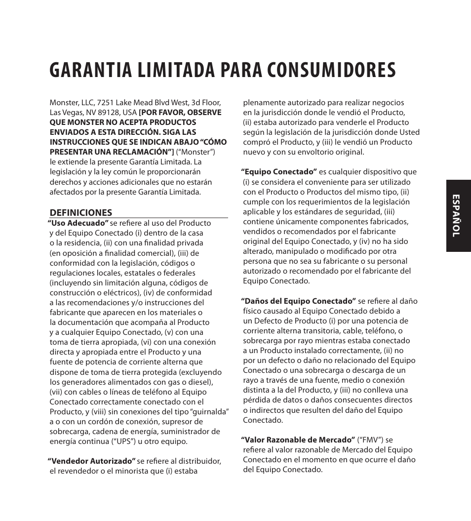 Garantia limitada para consumidores | Monster FlatScreen SuperThin In-Wall PowerCenter 200 User Manual | Page 79 / 84