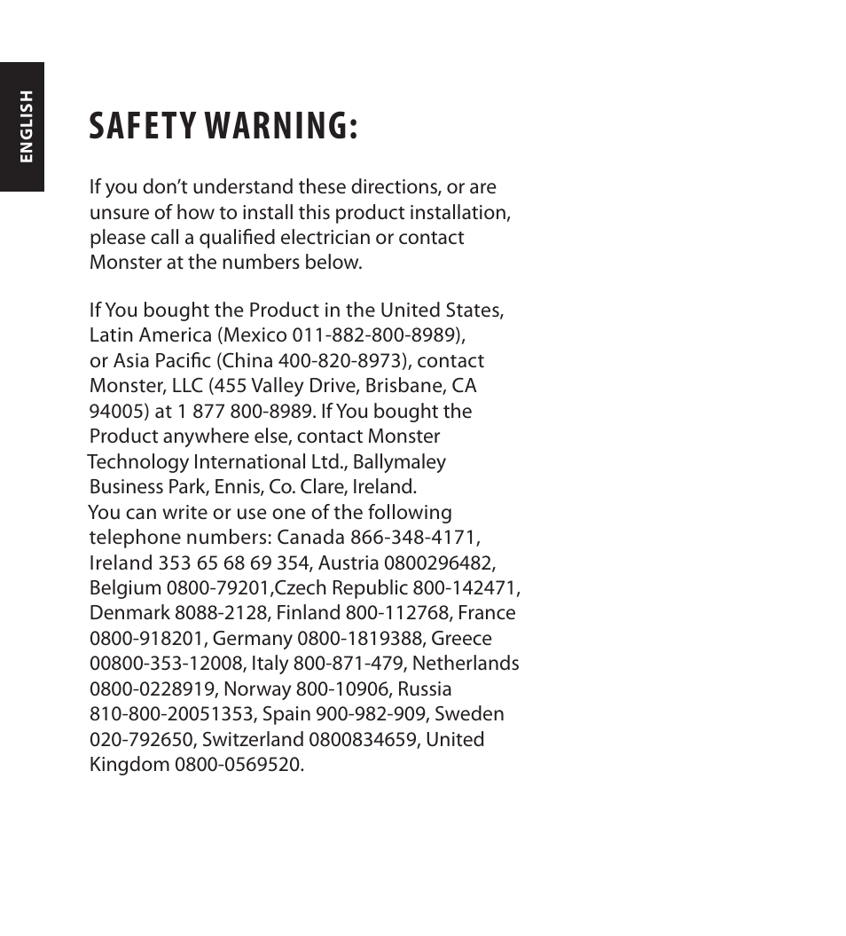 Safety warning | Monster FlatScreen SuperThin In-Wall PowerCenter 200 User Manual | Page 8 / 84