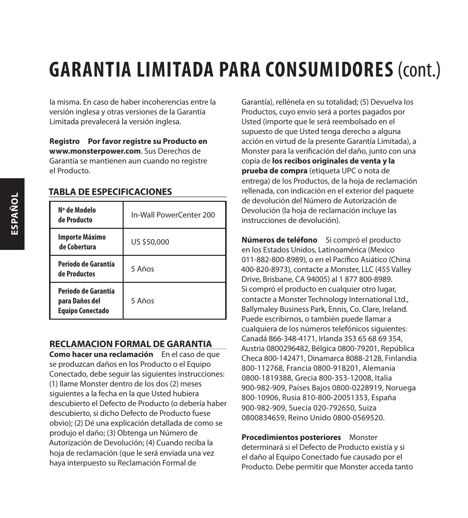 Garantia limitada para consumidores (cont.) | Monster FlatScreen SuperThin In-Wall PowerCenter 200 User Manual | Page 82 / 84