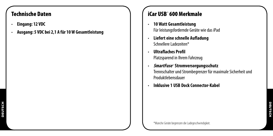 Technische daten, Icar usb, 600 merkmale | Monster PowerPlug USB 600 User Manual | Page 12 / 72