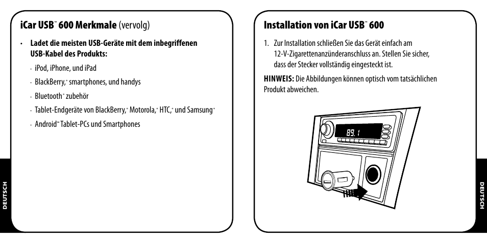 Icar usb, 600 merkmale (vervolg), Installation von icar usb | Monster PowerPlug USB 600 User Manual | Page 13 / 72