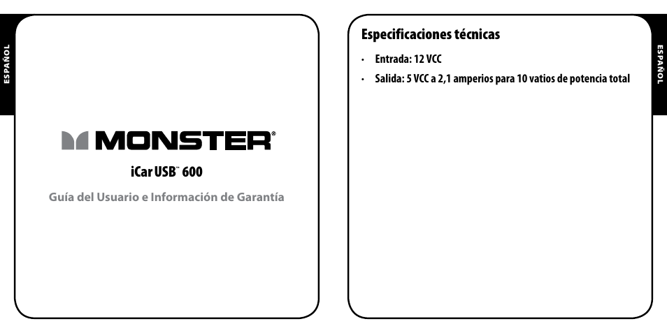 Icar usb, Especificaciones técnicas | Monster PowerPlug USB 600 User Manual | Page 18 / 72