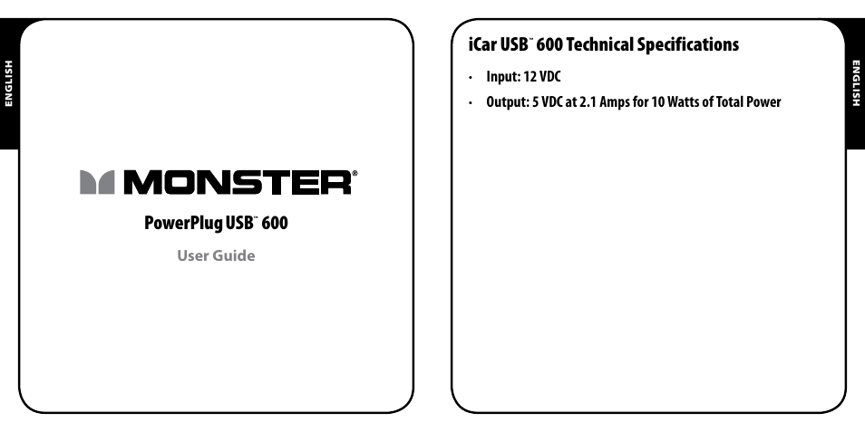 Powerplug usb, Icar usb, 600 technical specifications | Monster PowerPlug USB 600 User Manual | Page 2 / 72