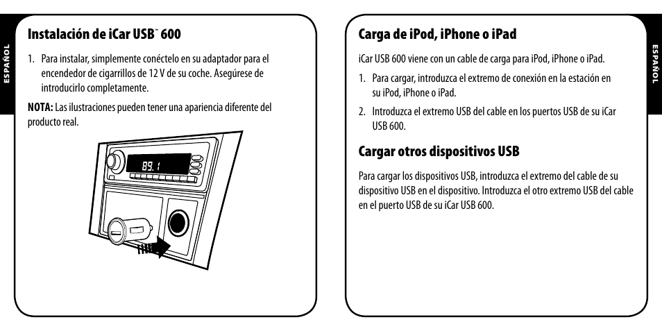 Instalación de icar usb, Carga de ipod, iphone o ipad, Cargar otros dispositivos usb | Monster PowerPlug USB 600 User Manual | Page 20 / 72
