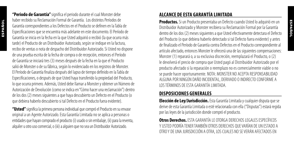 Alcance de esta garantía limitada, Disposiciones generales | Monster PowerPlug USB 600 User Manual | Page 22 / 72