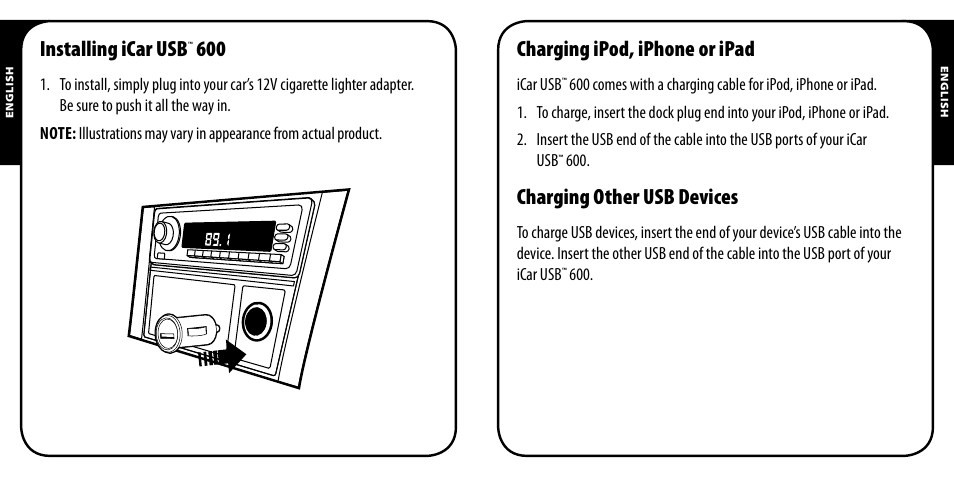 Installing icar usb, Charging ipod, iphone or ipad, Charging other usb devices | Monster PowerPlug USB 600 User Manual | Page 4 / 72