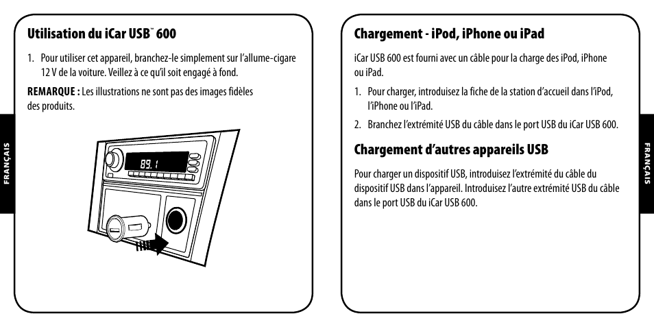 Utilisation du icar usb, Chargement - ipod, iphone ou ipad, Chargement d’autres appareils usb | Monster PowerPlug USB 600 User Manual | Page 7 / 72