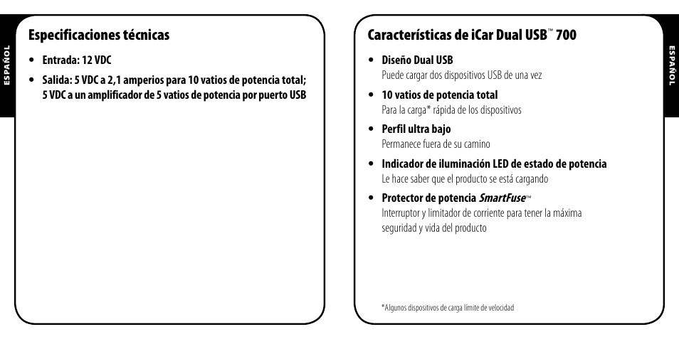 Especificaciones técnicas, Características de icar dual usb | Monster PowerPlug Dual USB 700 User Manual | Page 13 / 44