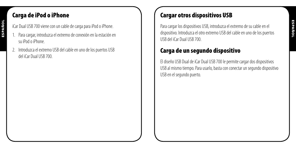 Carga de ipod o iphone, Cargar otros dispositivos usb, Carga de un segundo dispositivo | Monster PowerPlug Dual USB 700 User Manual | Page 15 / 44