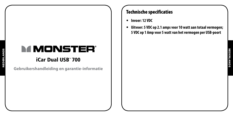 Icar dual usb, Technische specificaties | Monster PowerPlug Dual USB 700 User Manual | Page 16 / 44