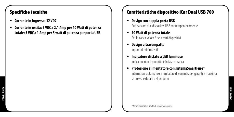 Specifiche tecniche, Caratteristiche dispositivo icar dual usb 700 | Monster PowerPlug Dual USB 700 User Manual | Page 20 / 44