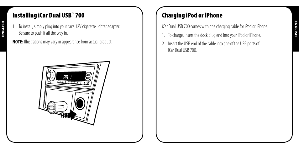 Installing icar dual usb, Charging ipod or iphone | Monster PowerPlug Dual USB 700 User Manual | Page 4 / 44
