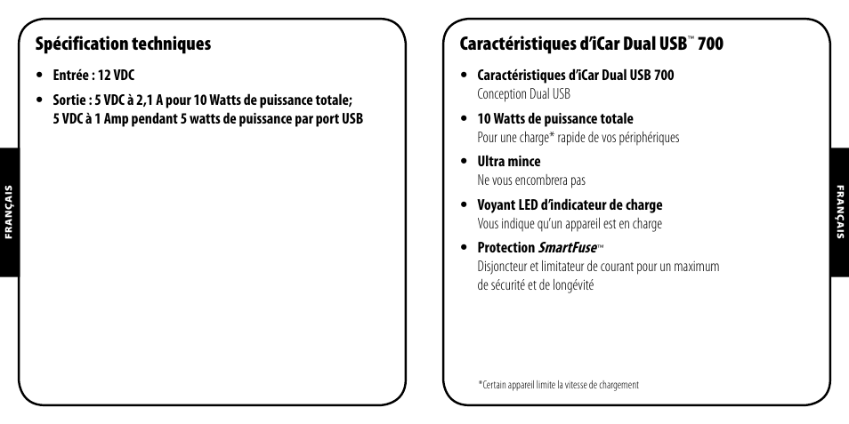 Spécification techniques, Caractéristiques d’icar dual usb | Monster PowerPlug Dual USB 700 User Manual | Page 6 / 44