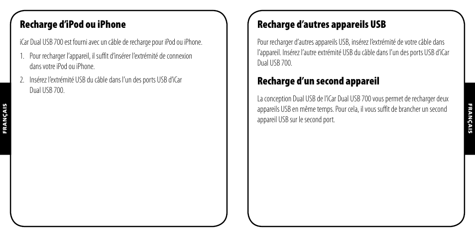 Recharge d’ipod ou iphone, Recharge d’autres appareils usb, Recharge d’un second appareil | Monster PowerPlug Dual USB 700 User Manual | Page 8 / 44