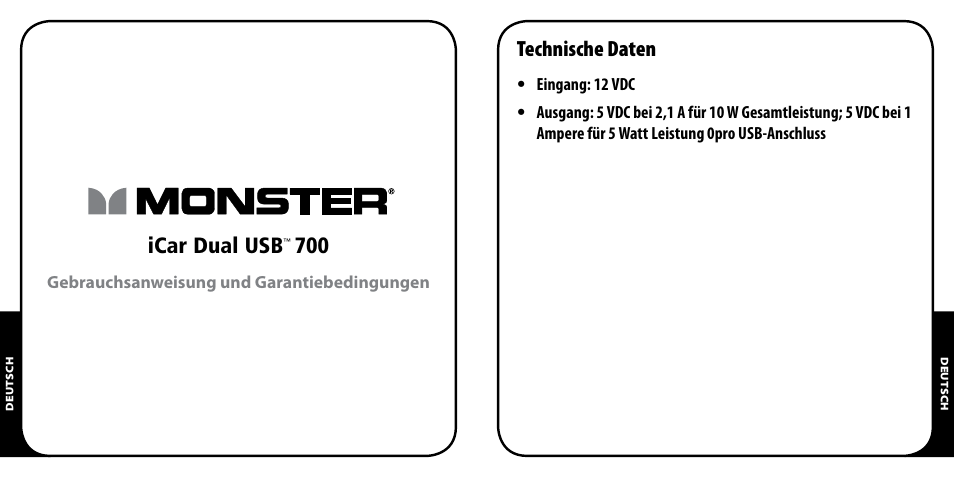 Icar dual usb, Technische daten | Monster PowerPlug Dual USB 700 User Manual | Page 9 / 44