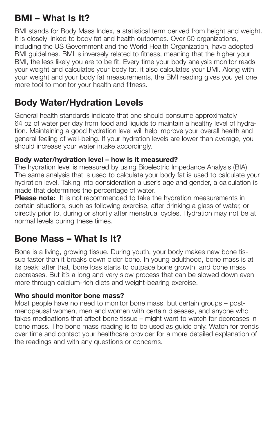 Bmi – what is it, Body water/hydration levels, Bone mass – what is it | Conair WEIGHT WATCHERS BATHROOM SCALE WW66 User Manual | Page 3 / 12