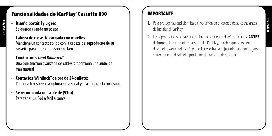 Funcionalidades de icarplay, Cassette 800, Importante | Monster iCarPlay Cassette 800 User Manual | Page 11 / 38