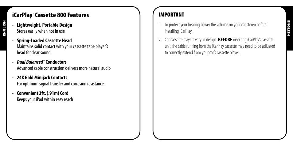 Icarplay, Cassette 800 features | Monster iCarPlay Cassette 800 User Manual | Page 2 / 38