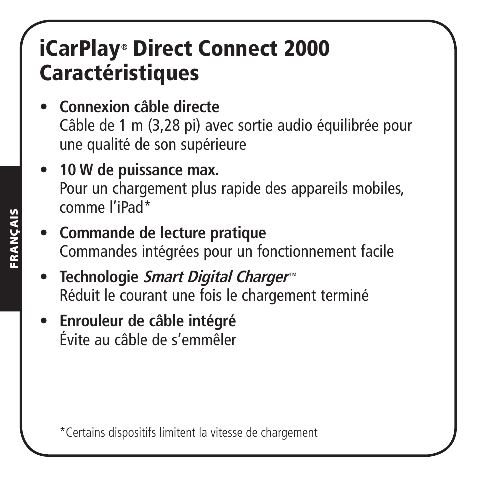 Icarplay, Direct connect 2000 caractéristiques | Monster iCarPlay Direct Connect 2000 User Manual | Page 22 / 64