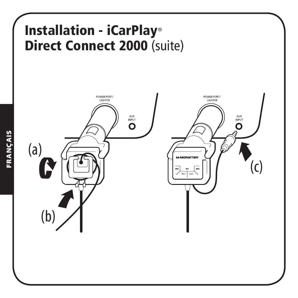 B) (a) (c), Installation - icarplay, Direct connect 2000 (suite) | Monster iCarPlay Direct Connect 2000 User Manual | Page 26 / 64