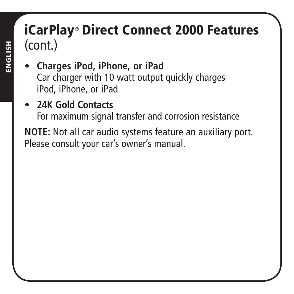 Icarplay, Direct connect 2000 features (cont.) | Monster iCarPlay Direct Connect 2000 User Manual | Page 4 / 64