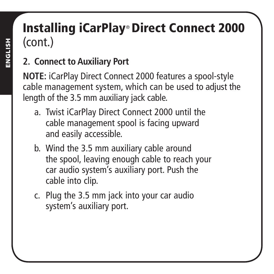 Installing icarplay, Direct connect 2000 (cont.) | Monster iCarPlay Direct Connect 2000 User Manual | Page 6 / 64