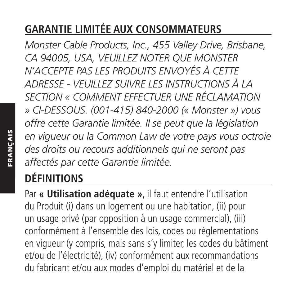 Garantie limitée aux consommateurs, Définitions | Monster iMotion CarPlay Direct Connect 3000 User Manual | Page 24 / 52