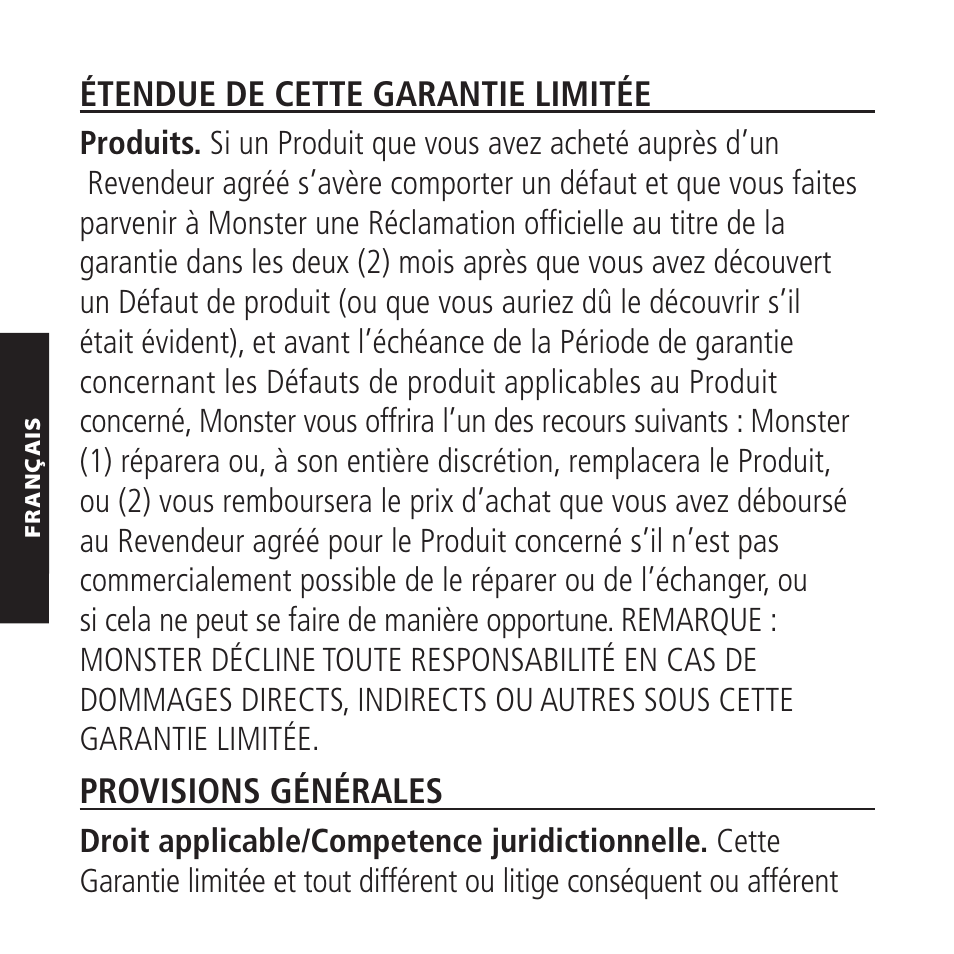 Étendue de cette garantie limitée, Provisions générales | Monster iMotion CarPlay Direct Connect 3000 User Manual | Page 28 / 52