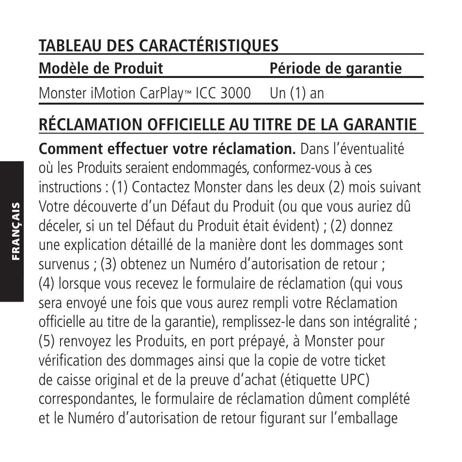 Tableau des caractéristiques, Réclamation officielle au titre de la garantie | Monster iMotion CarPlay Direct Connect 3000 User Manual | Page 30 / 52