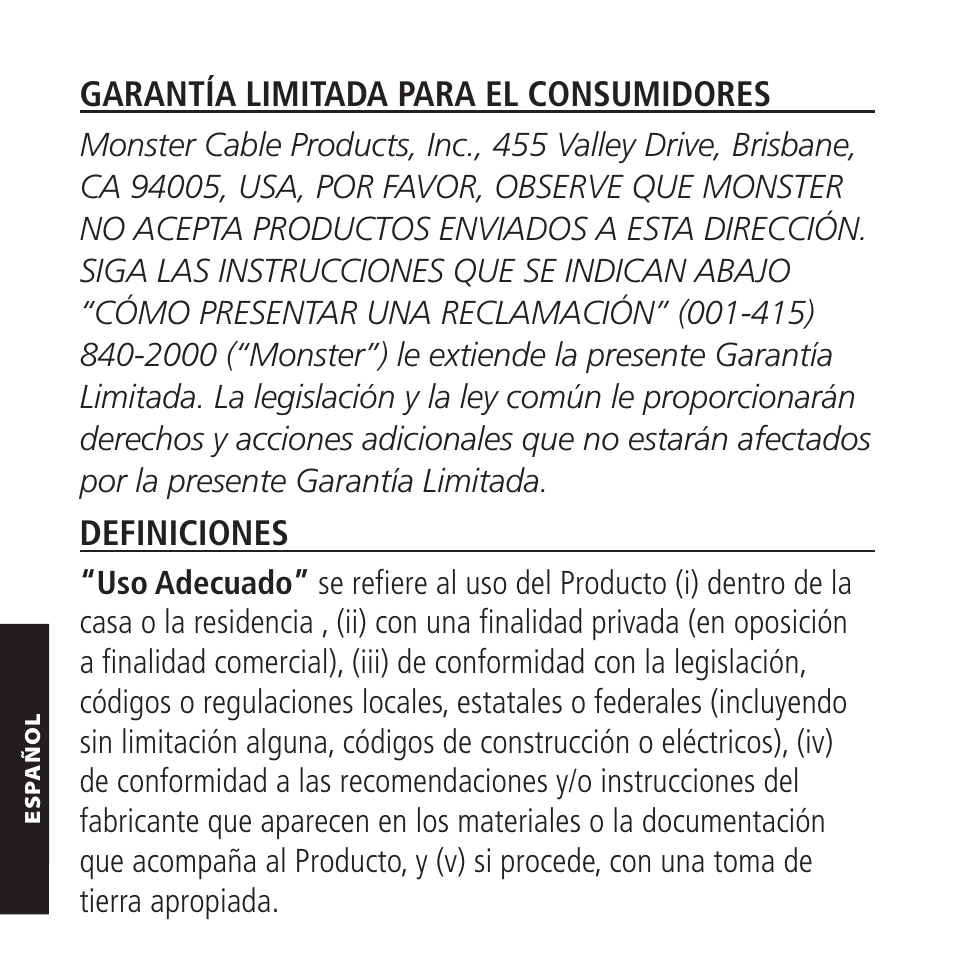 Garantía limitada para el consumidores, Definiciones | Monster iMotion CarPlay Direct Connect 3000 User Manual | Page 42 / 52