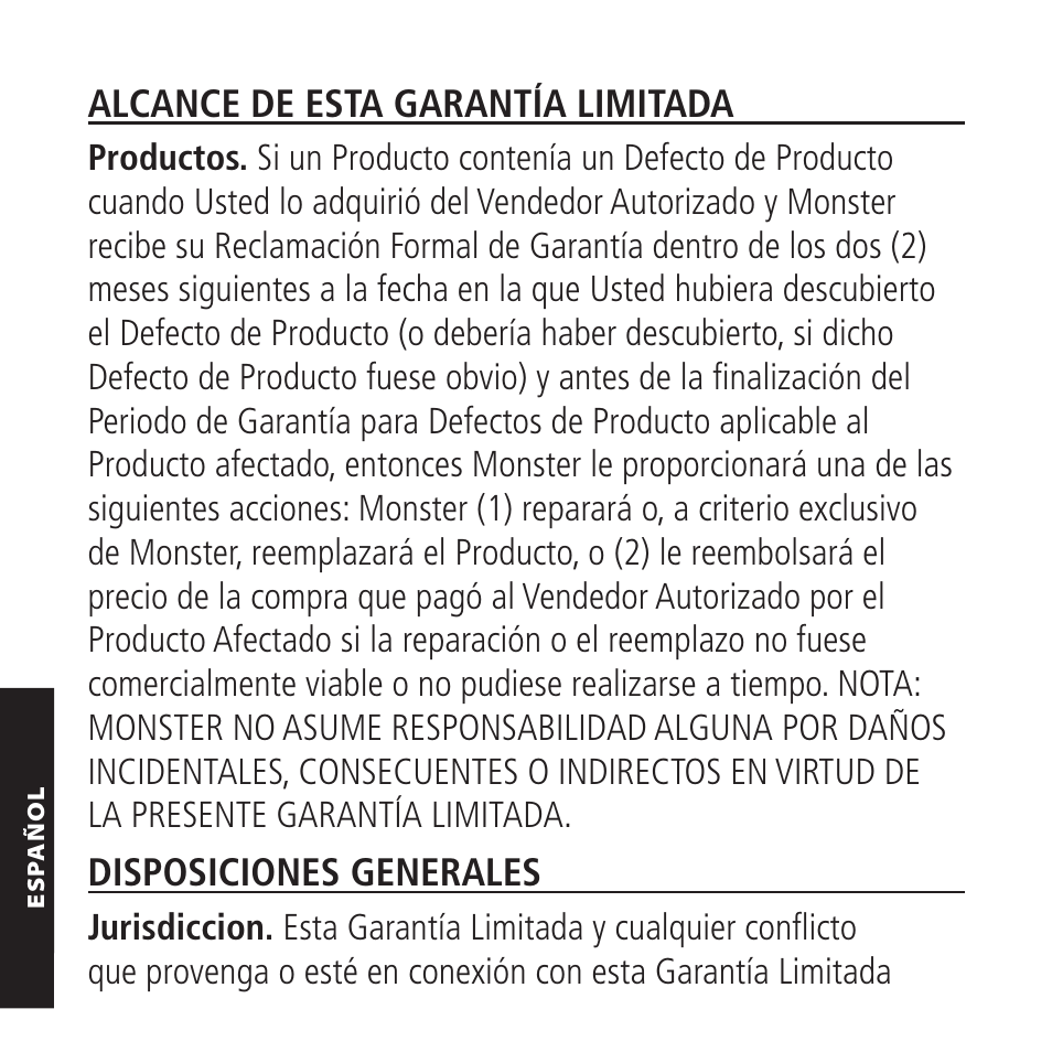 Alcance de esta garantía limitada, Disposiciones generales | Monster iMotion CarPlay Direct Connect 3000 User Manual | Page 46 / 52