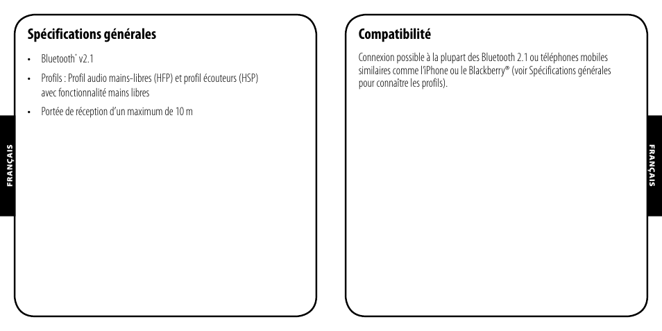 Spécifications générales, Compatibilité | Monster AirTalk Hands-Free Kit User Manual | Page 11 / 97