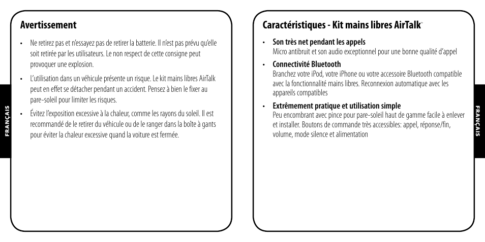Avertissement, Caractéristiques - kit mains libres airtalk | Monster AirTalk Hands-Free Kit User Manual | Page 12 / 97